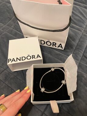 Pandora Silver Charm bracelet with spacer clip charms included